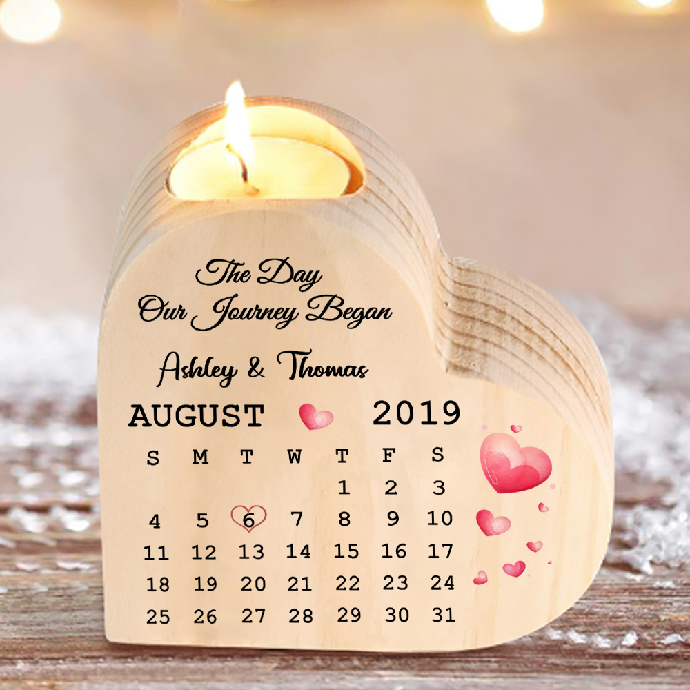 Wooden Couple Candle Holder Custom 2 Names & Date & Text Candlesticks Calendar Valentine's Day Gifts for Wife/Girlfriend-Jessemade AU