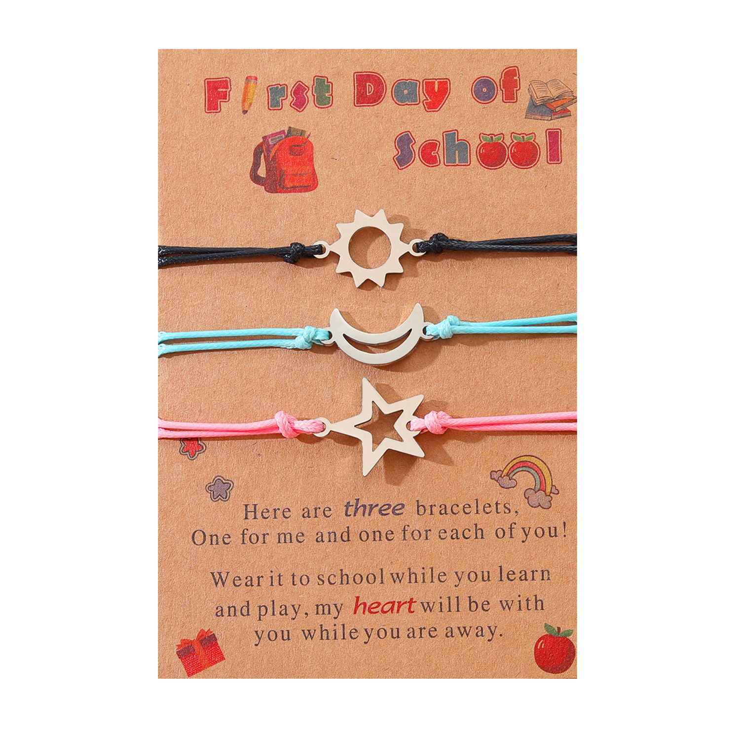 3 Pcs Sun Moon Star Creative Bracelet First Day of School Parent-child Bracelet with Cartoon Gift Card-Jessemade AU