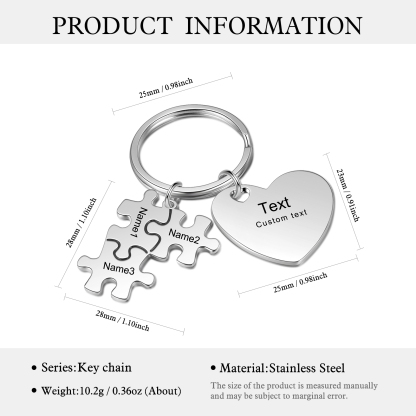 3 Names - Personalised Puzzle Pieces Keychain Custom 1 Text Heart Keychain Gifts For Dad/Mom-Jessemade AU