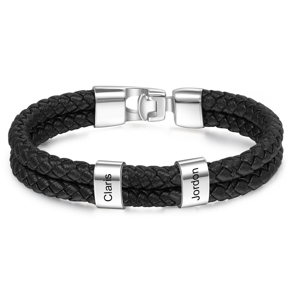 Personalised Braided Leather Bracelet Engraved 2 Names Men's Bracelet for Him
