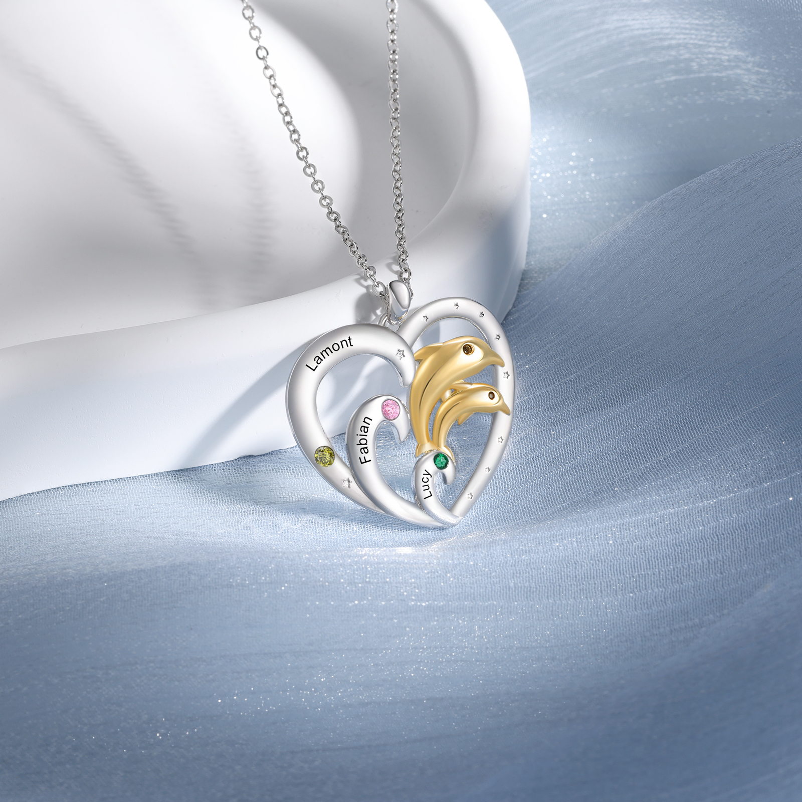 Personalised Heart Dolphin Pendant Necklace Custom 3 Birthstones Engraved 3 Names Necklace Gift for Her-Jessemade AU