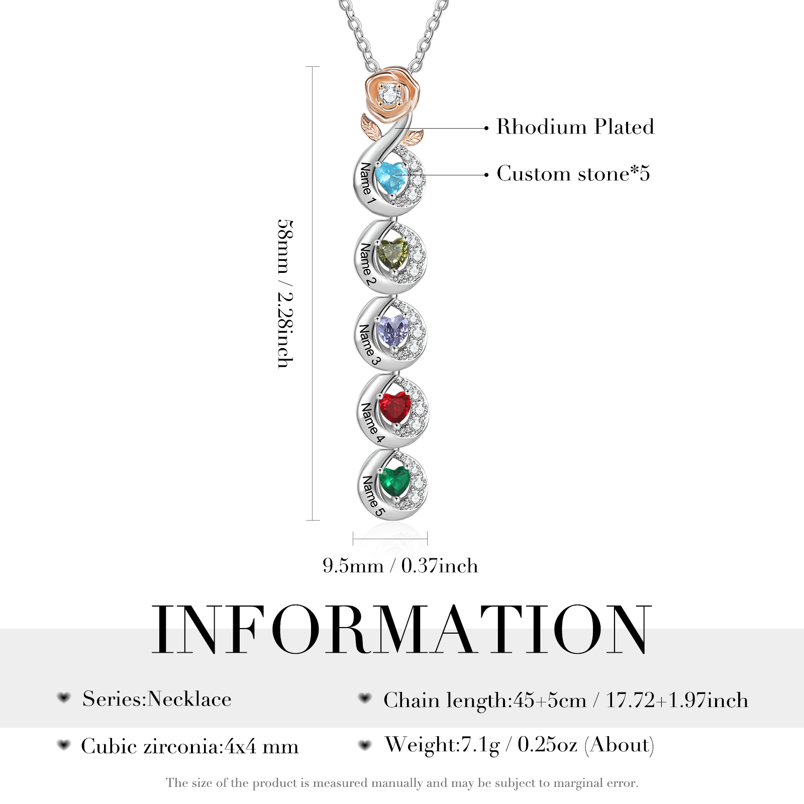 Custom Family Necklace Personalised 5 Birthstones & Names with Rose Pendant Gifts for Her-Jessemade AU