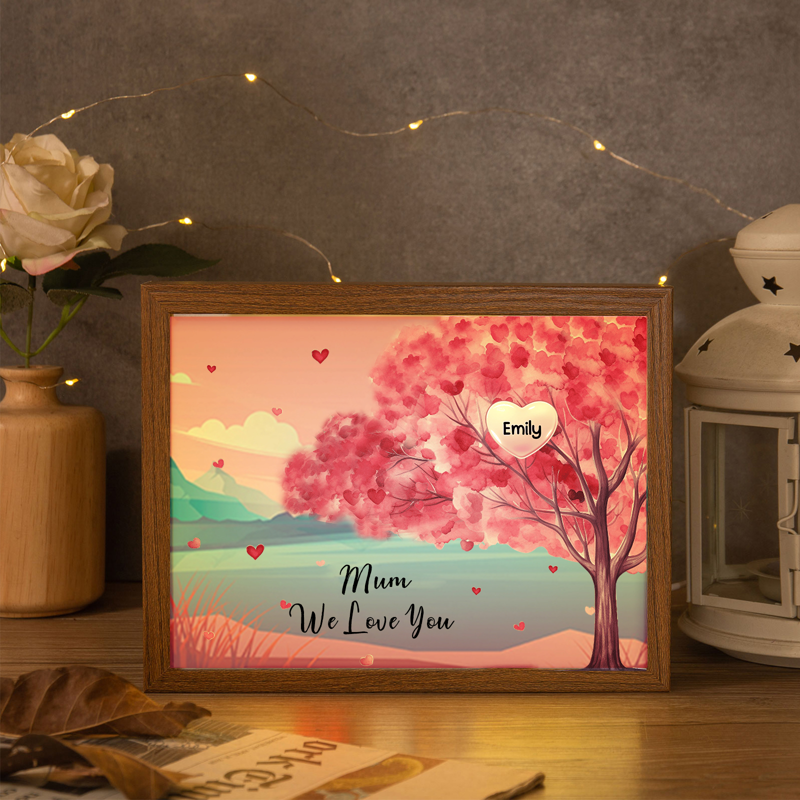 Personalised Frame Night Light Custom 1 Text & 1 Name Pink Family Tree Ornament Gifts for Mother/Grandma-Jessemade AU