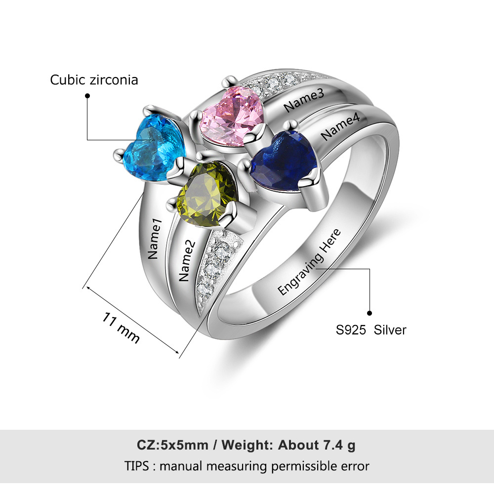 S925 Silver Ring Personalised 4 Birthstones Mothers Ring With Names Gifts For Her-Jessemade AU