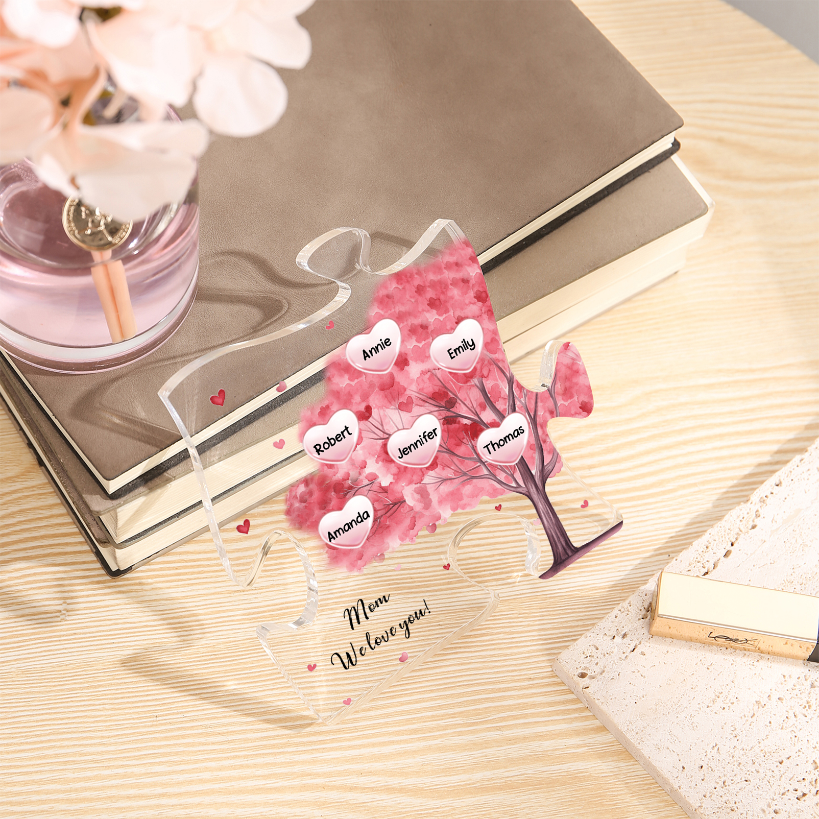 Personalised Acrylic Puzzle Plaque Custom 6 Names & 1 Text Pink Tree Family Ornament Gift for Mum/Nan-Jessemade AU