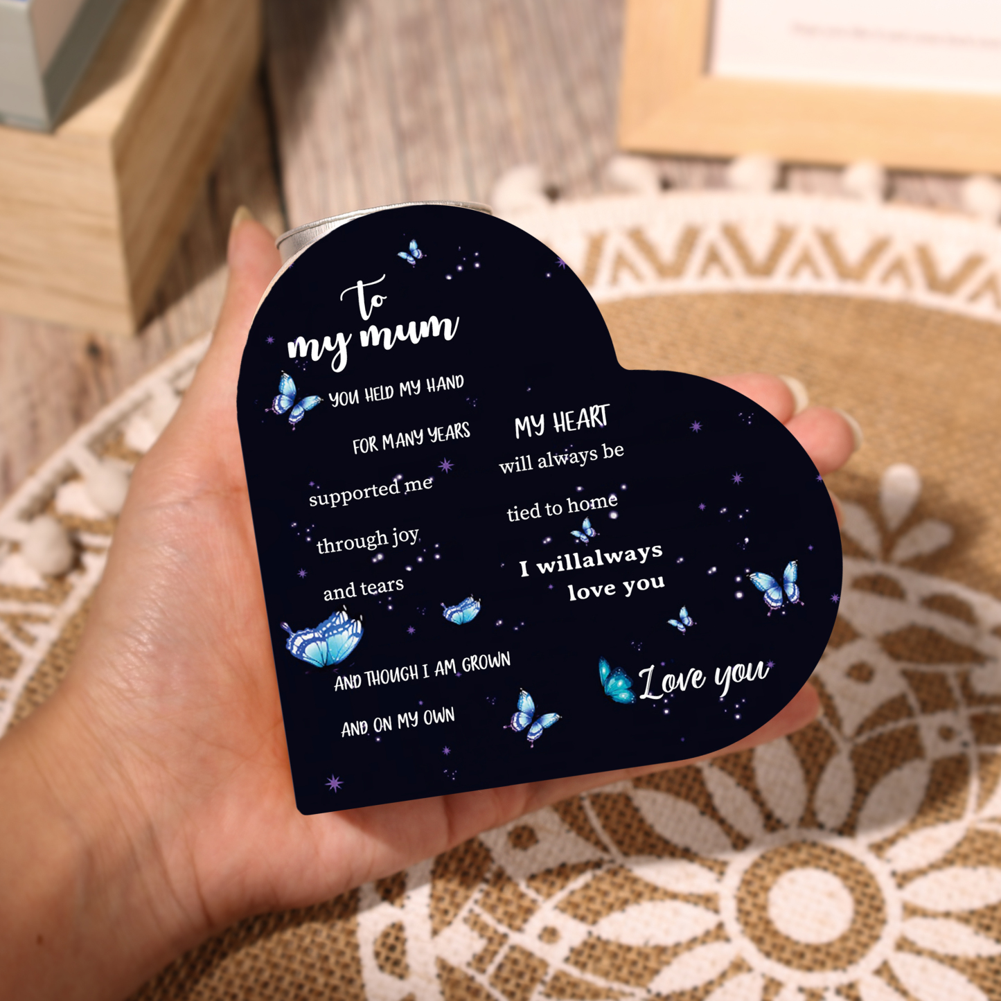 To My Mum - Wooden Heart Candle Holder Butterfly Candlesticks "My Heart Will Always Be Tied To Home" Gifts For Mother-Jessemade AU