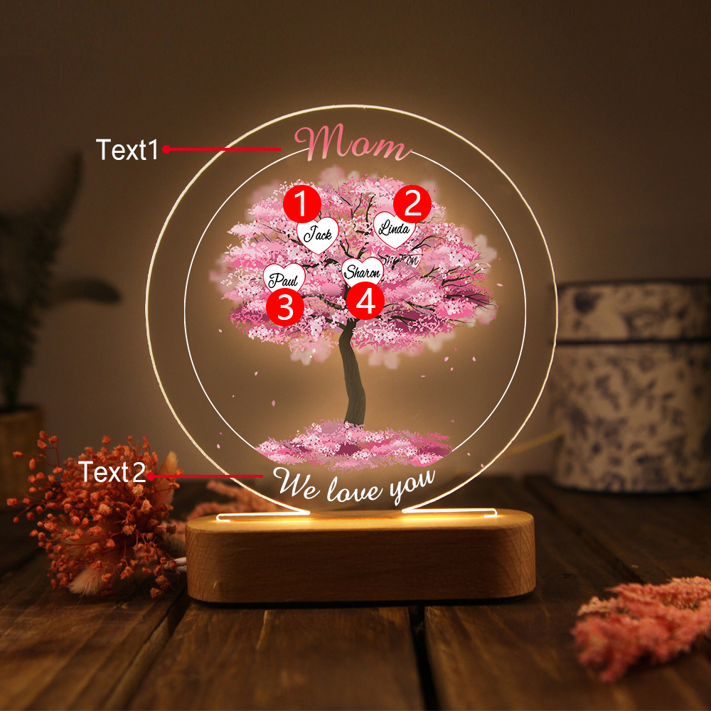 4 Names - Personalised Acrylic Night Light Custom 2 Texts Pink Family Tree LED Lamp Gifts for Mother/Grandma-Jessemade AU