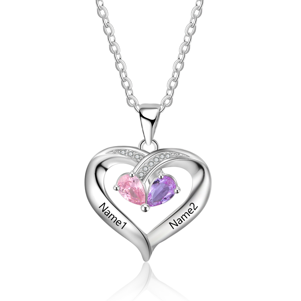 Personalised Heart Mother Necklace With 2 Birthstones Engraved Names Gifts For Her-Jessemade AU