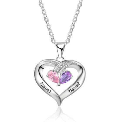 Personalised Heart Mother Necklace With 2 Birthstones Engraved Names Gifts For Her-Jessemade AU
