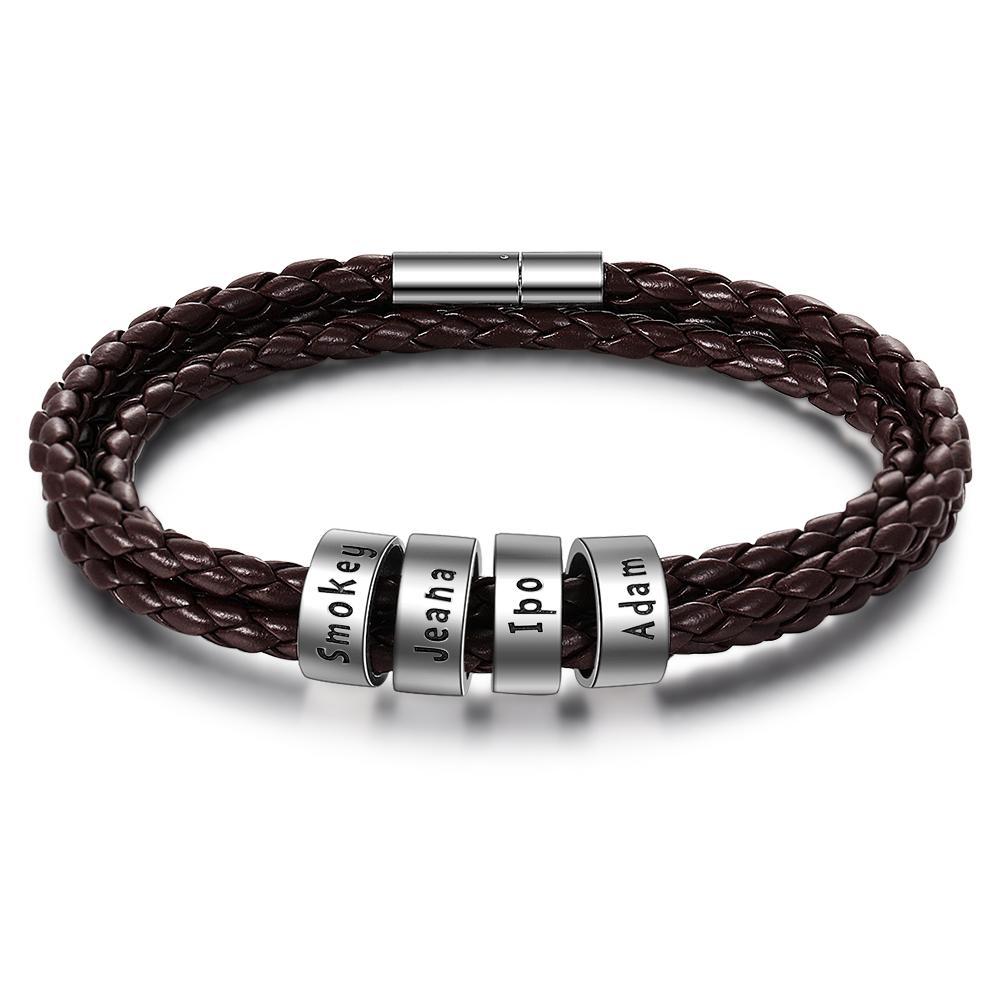 Braided Leather Personalised Name 4 Beads Men's Bracelets Gifts For Him Best Gift For Dad-Jessemade AU