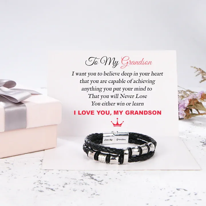 To My Grandson, Inspirational Leather Bracelet Bangle with Message Card Gifts For Him-Jessemade AU