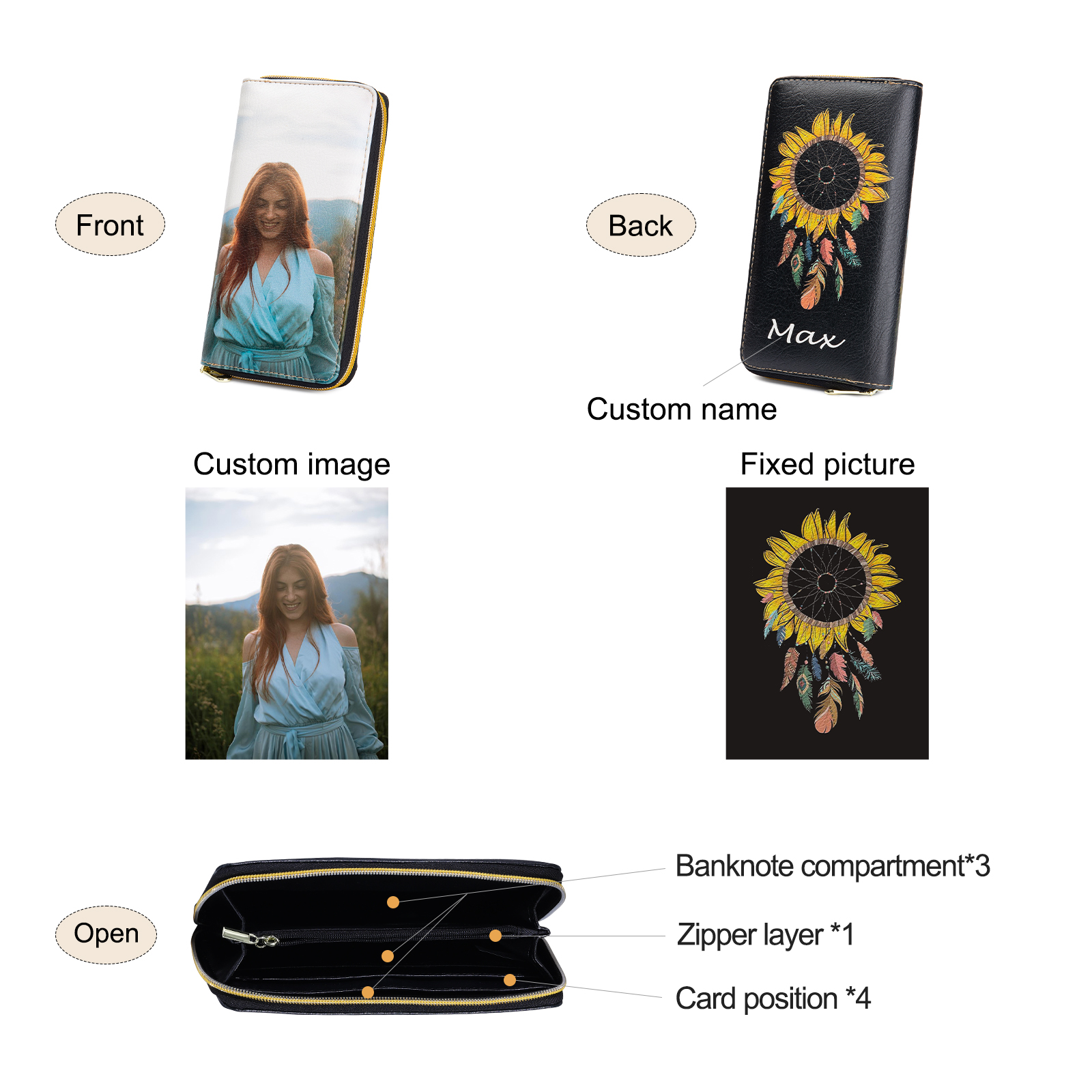 Long Purse Personalised Dream Catcher Leather Wallet Engraved 1 Photo Zip Wallet Gifts for Her-Jessemade AU