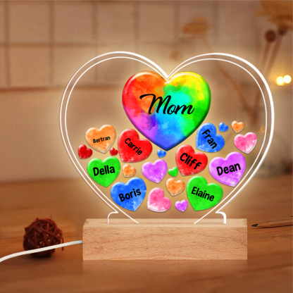 Personalised Text Acrylic Night Light Colourful Hearts Family Custom 1–14 Names LED Lamp Gifts For Mother/Grandma-Jessemade AU