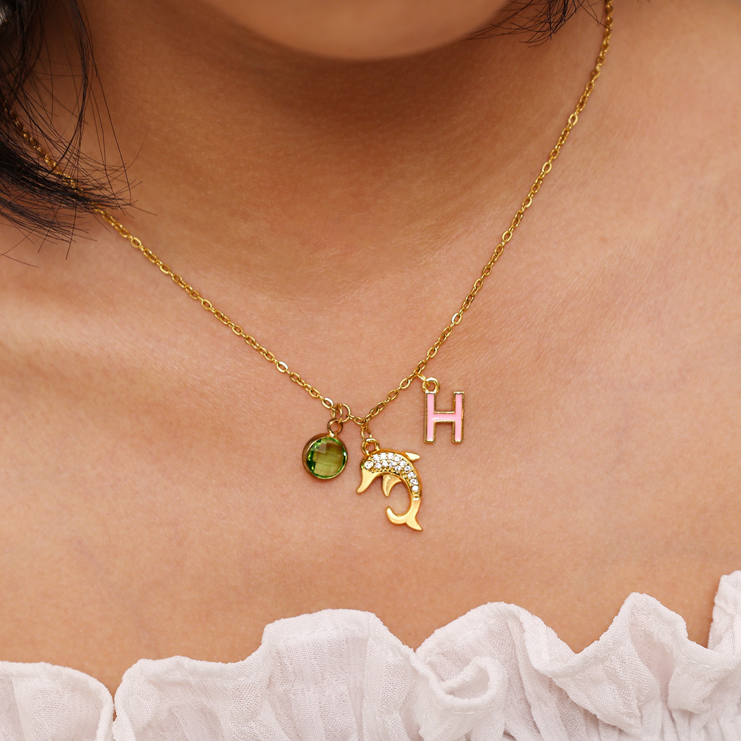 Back To School Personalised Dolphin Necklace Custom Birthstone and Initial Necklace-Jessemade AU