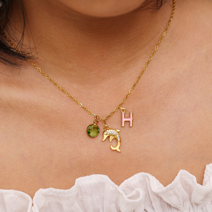 Back To School Personalised Dolphin Necklace Custom Birthstone and Initial Necklace-Jessemade AU