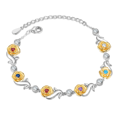 Flowers Bracelet Personalised 5 Birthstones Bracelet Engraved Names Flowers Charm Gifts For Her-Jessemade AU