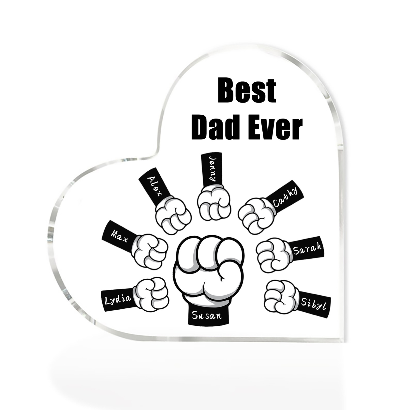 Personalised Acrylic Heart Keepsake Custom 8 Names & 1 Text Fist Bump Ornaments Gifts for Dad/Grandpa-Jessemade AU