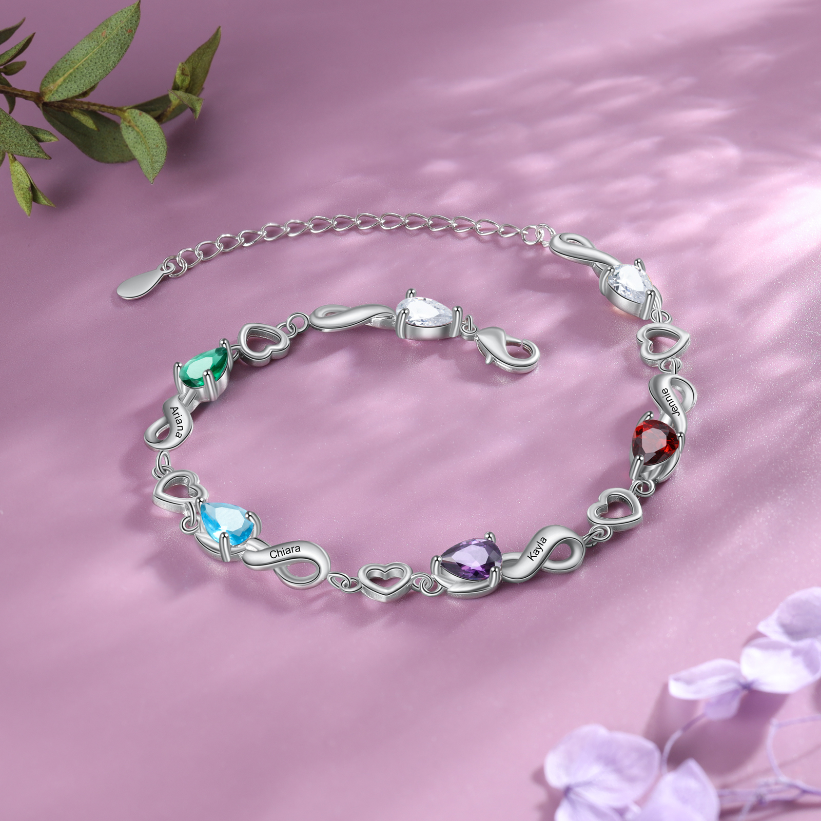 Personalised 4 Birthstones Heart Bracelet Engraved Names Bracelet Gifts For Women-Jessemade AU