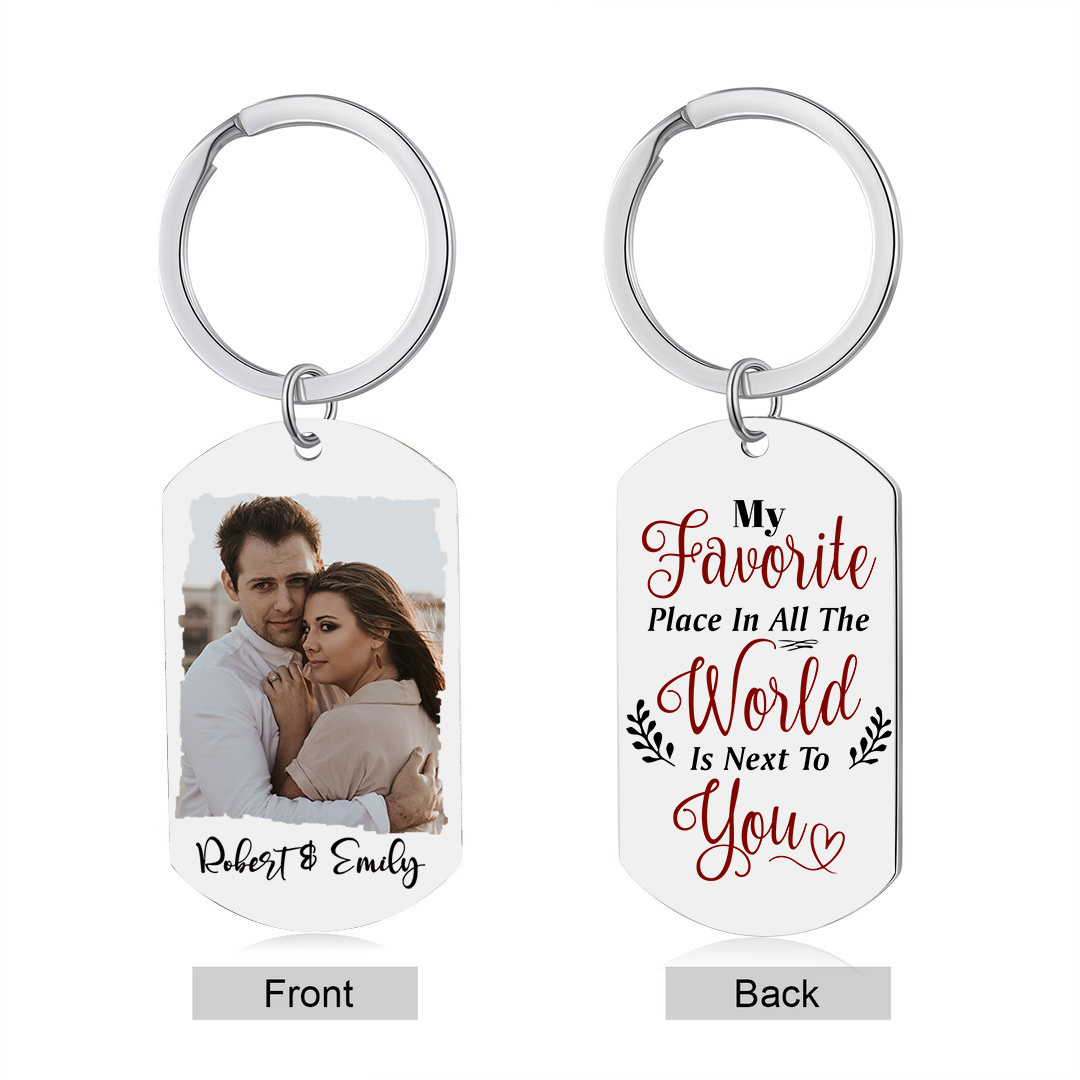 Personalised Couple Photo Keychain Customised 2 Names Keyring Valentine's Day Gifts - My Favourite Place In All The World Is Next To You-Jessemade AU