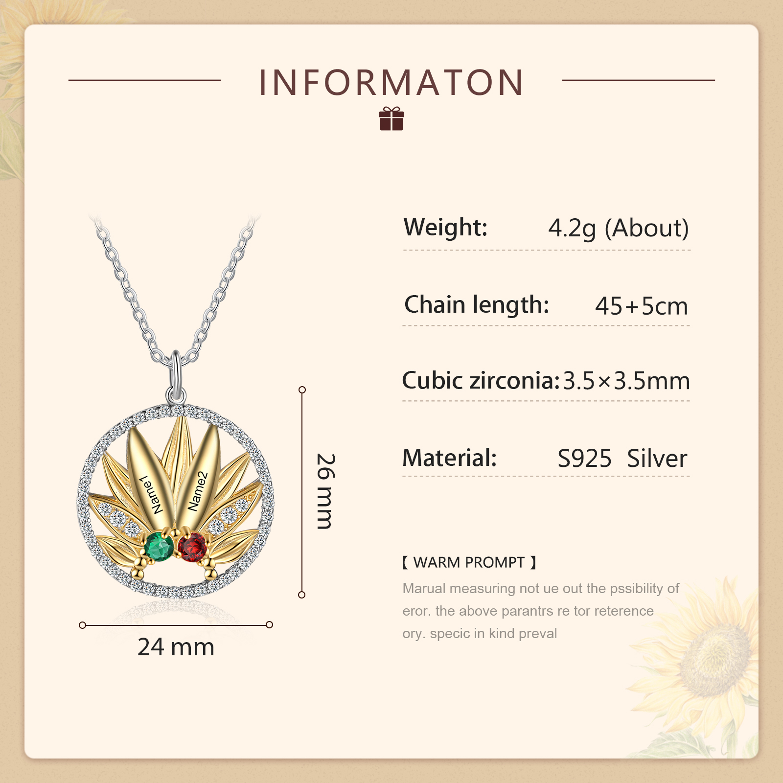 Personalised Sunflower Necklace With 2 Birthstones Engraved Names Necklace Gift For Women-Jessemade AU