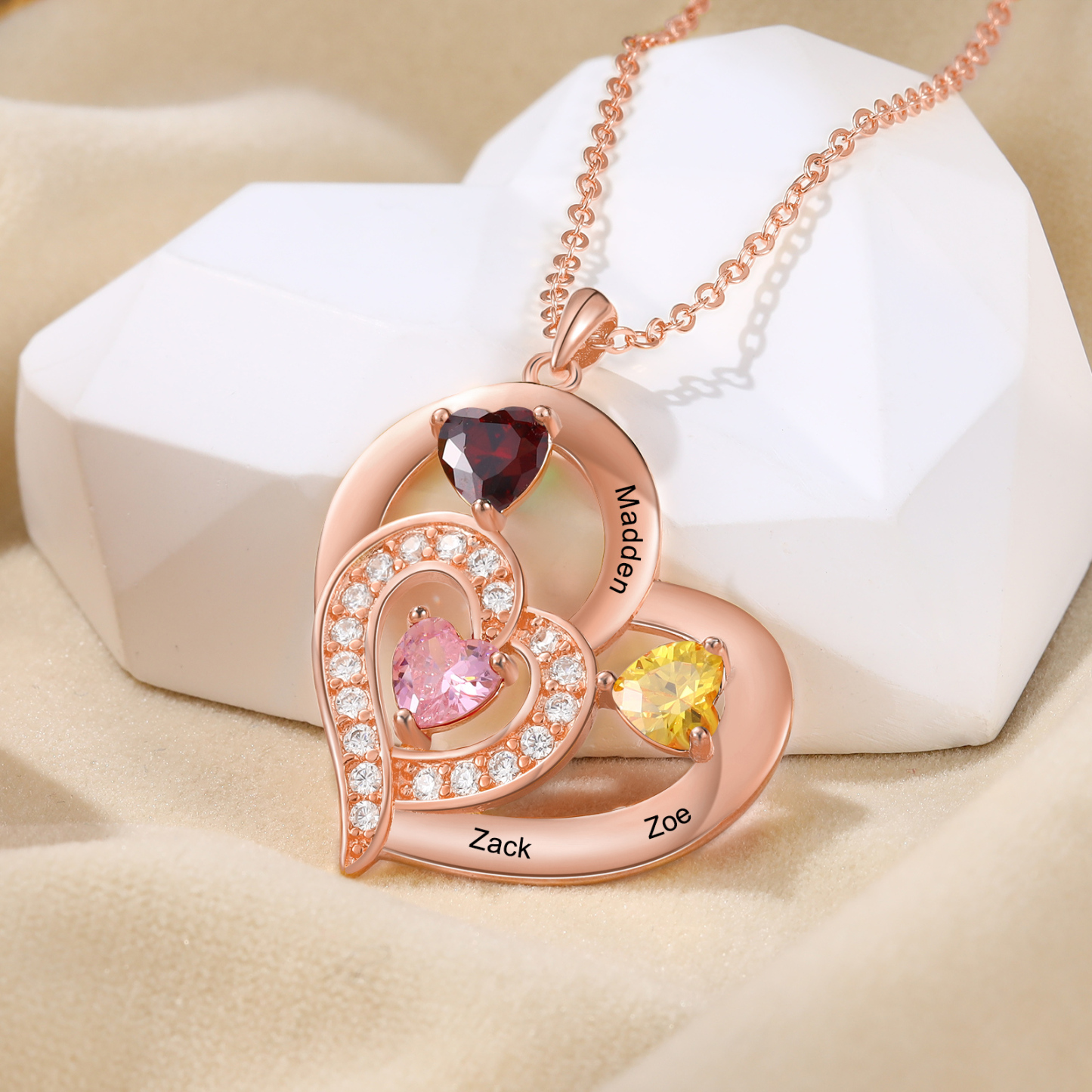 3 Names - Personalised Heart Pendant Necklace Customised Names & Birthstones Necklace Birthday Gift for Her-Jessemade AU