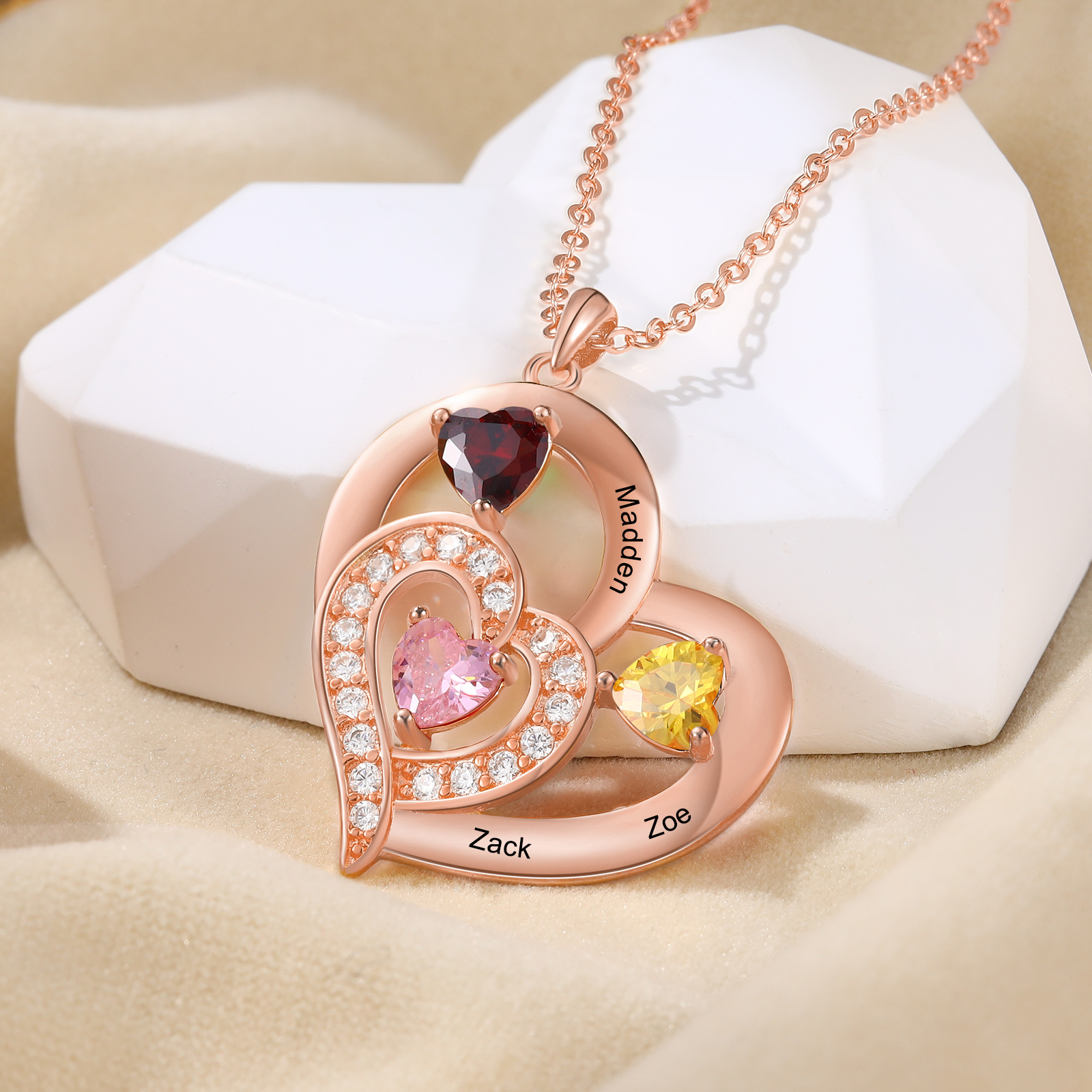 3 Names - Personalised Heart Pendant Necklace Customised Names & Birthstones Necklace Birthday Gift for Her-Jessemade AU