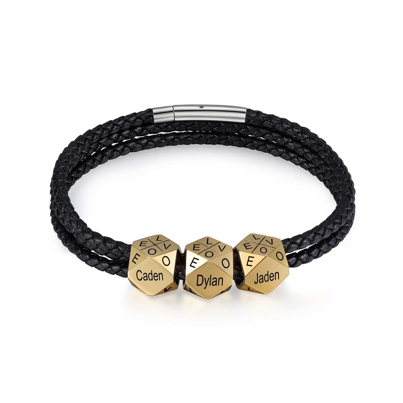 Personalised Braided Leather Bracelet Engraved 6 Names polyhedron Men's Bracelet Gifts For Him-Jessemade AU