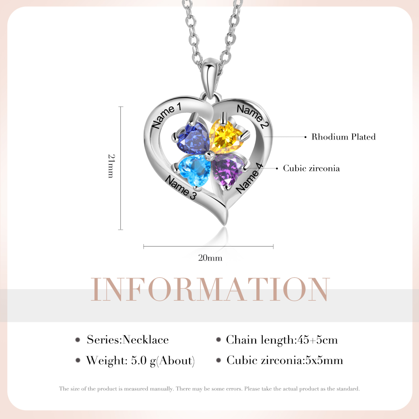 Personalised Heart Necklace with 4 Birthstones Engrave Names Family Necklace for Mom-Jessemade AU
