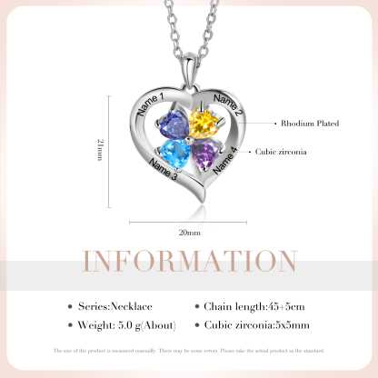 Personalised Heart Necklace with 4 Birthstones Engrave Names Family Necklace for Mom-Jessemade AU