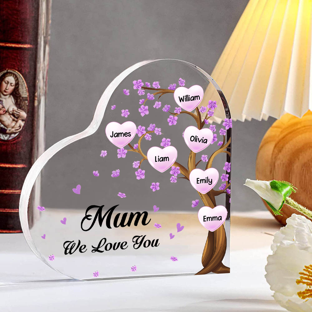 6 Names - Personalised Acrylic Heart Keepsake Custom Text Purple Flowers Tree Ornaments Gifts for Grandma/Mother-Jessemade AU