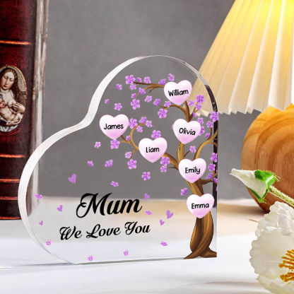 6 Names - Personalised Acrylic Heart Keepsake Custom Text Purple Flowers Tree Ornaments Gifts for Grandma/Mother-Jessemade AU