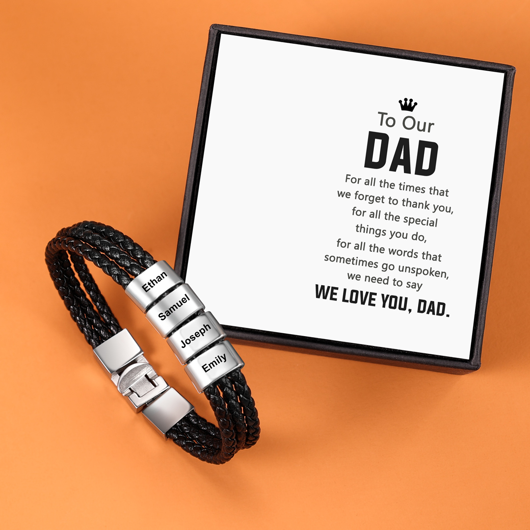 Personalised Braided Leather Bracelet Engraved 4 Names Men's Bracelet Gifts For Him-Jessemade AU