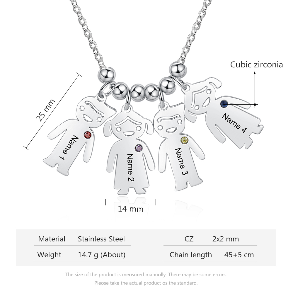 Personalised Kids Charm Necklace With 4 Birthstones Engraved Names Gift For Mother-Jessemade AU