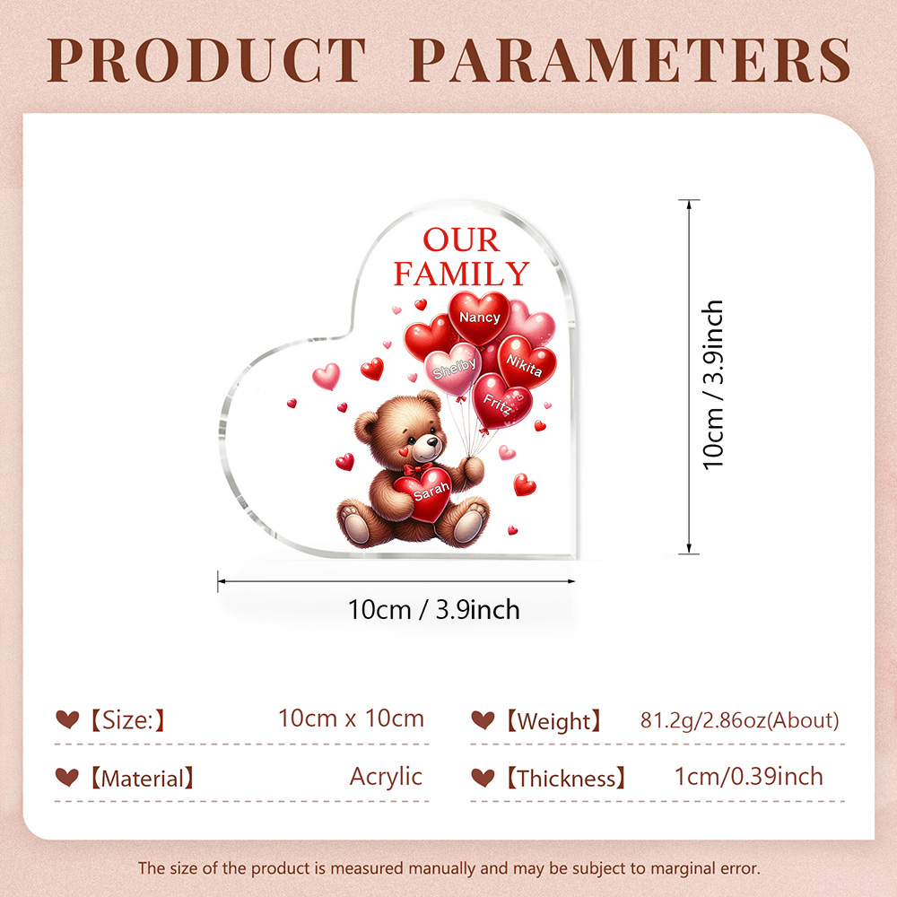 5 Names - Personalised Acrylic Heart Keepsake Custom Text Teddy Bear Balloon Ornaments Gifts for Grandma/Mother-Jessemade AU