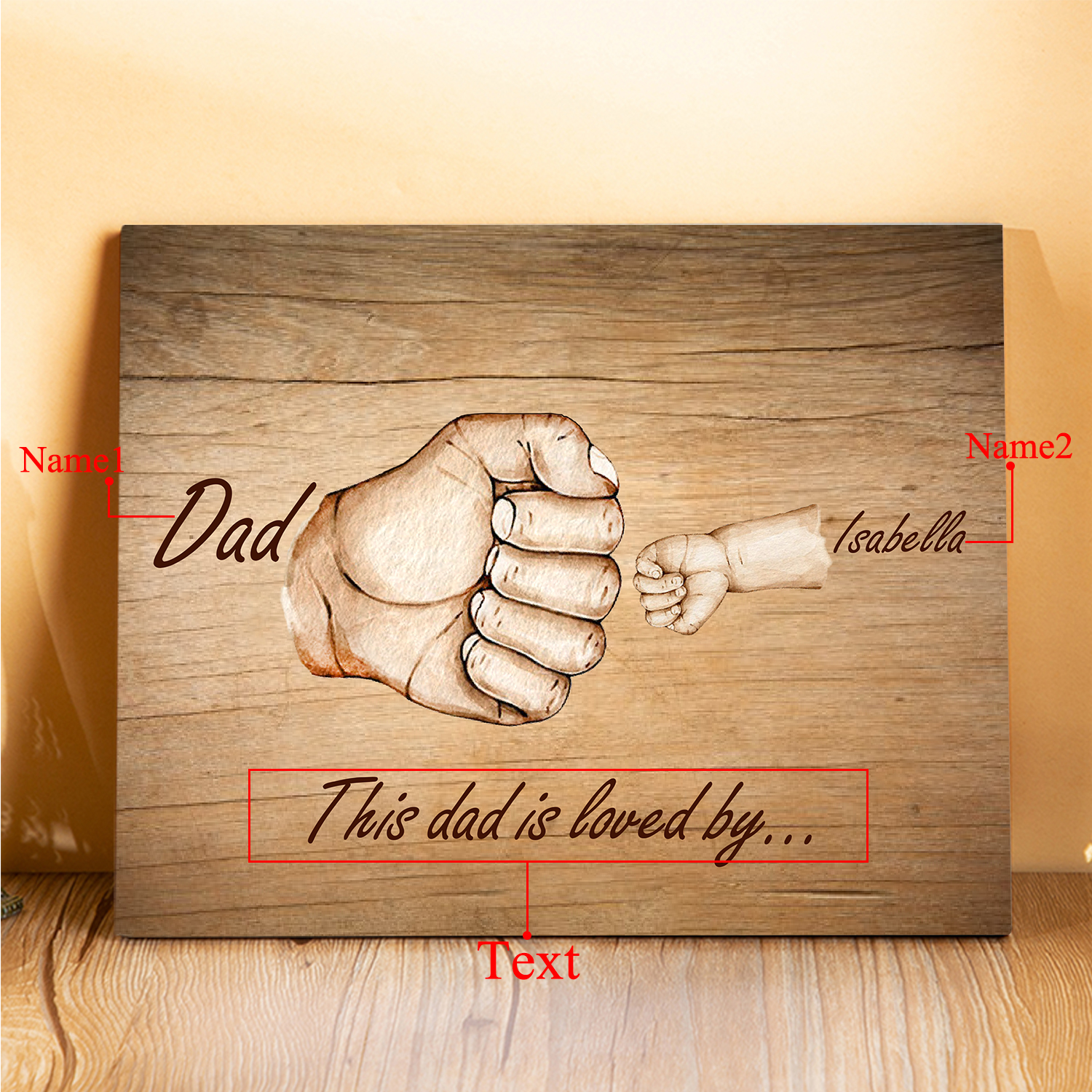 Personalised 2 Names & 1 Text Wooden Plaque Custom Fist Bump Home Decor Father's Day Gifts for Dad/Grandpa-Jessemade AU