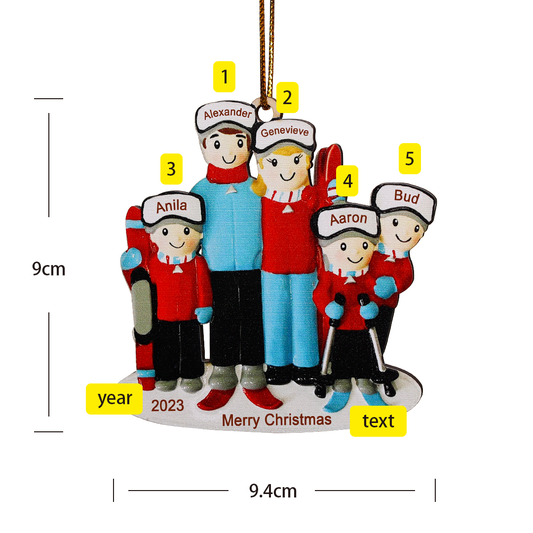 5 Names - Personalised Wooden Christmas Ornaments Custom Name & Year & Text Ski Family Xmas Decor Gifts-Jessemade AU