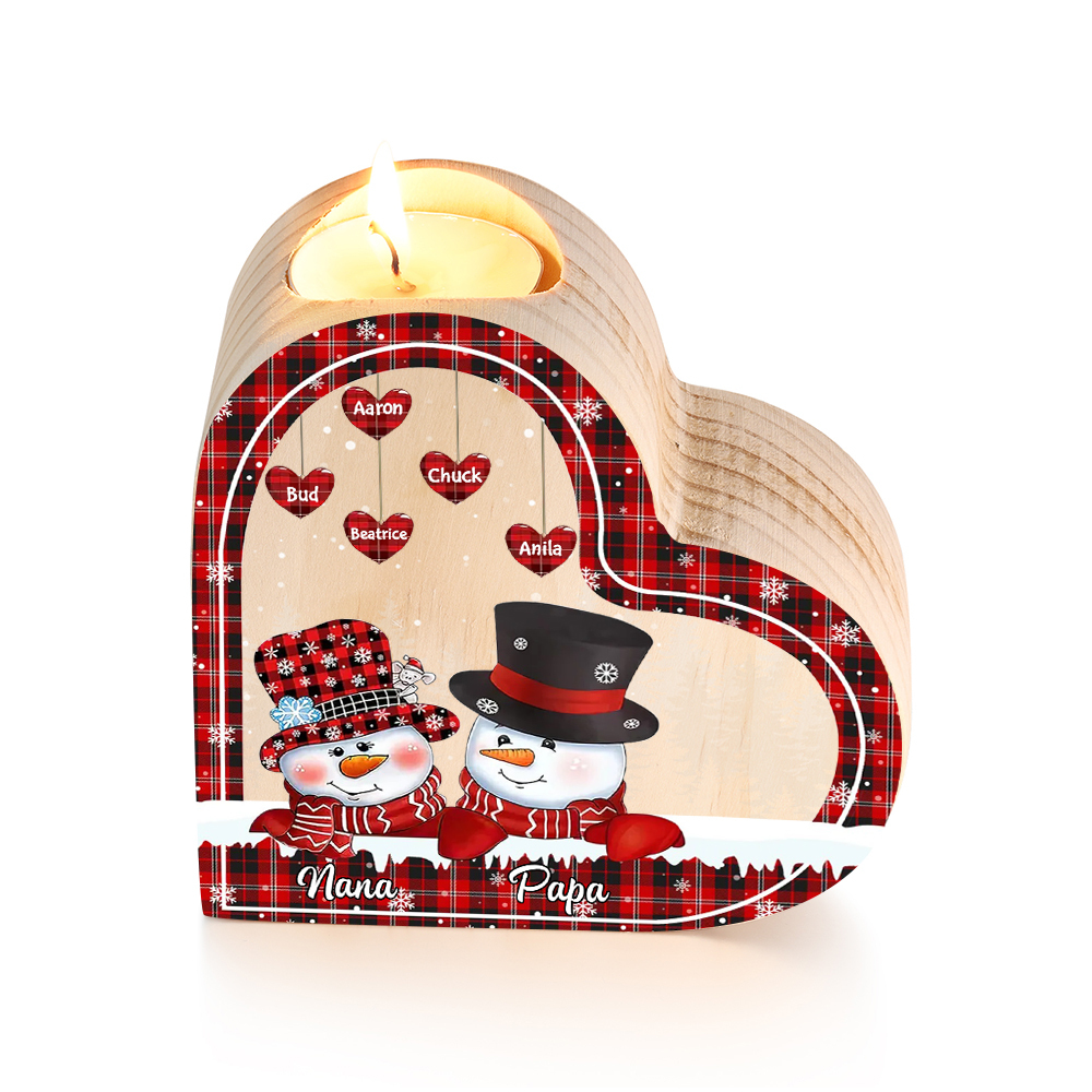 Heart-Shaped Christmas Candle Holder Engraved 7 Names Snowman Candlesticks Personalised Gift for Family-Jessemade AU