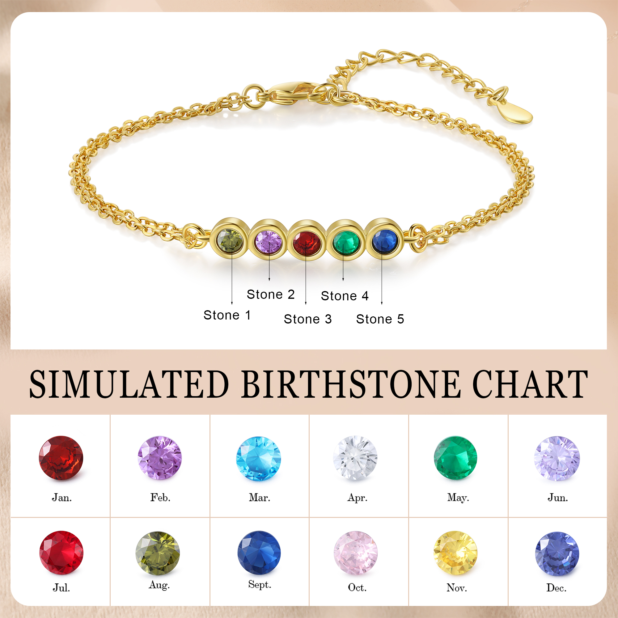 Personalised Bracelet Custom 5 Birthstones Adjustable Bracelet Gifts for Ladies Girls-Jessemade AU