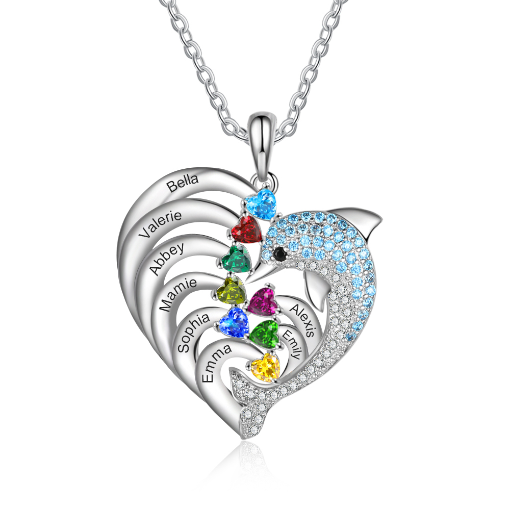 Personalised Heart Dolphin Necklace With 8 Birthstones Engraved Names Necklace Gift For Her-Jessemade AU