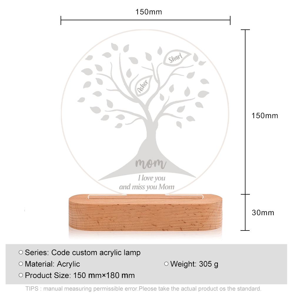 Personalised Family Tree Night Light Engraved 2 Names Wooden LED Lamp-Jessemade AU