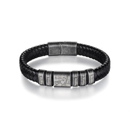 5 Names - Personalised Men's Leather Braided Bracelet Customised Name & Photo Bracelet Vintage Gift for Him-Jessemade AU