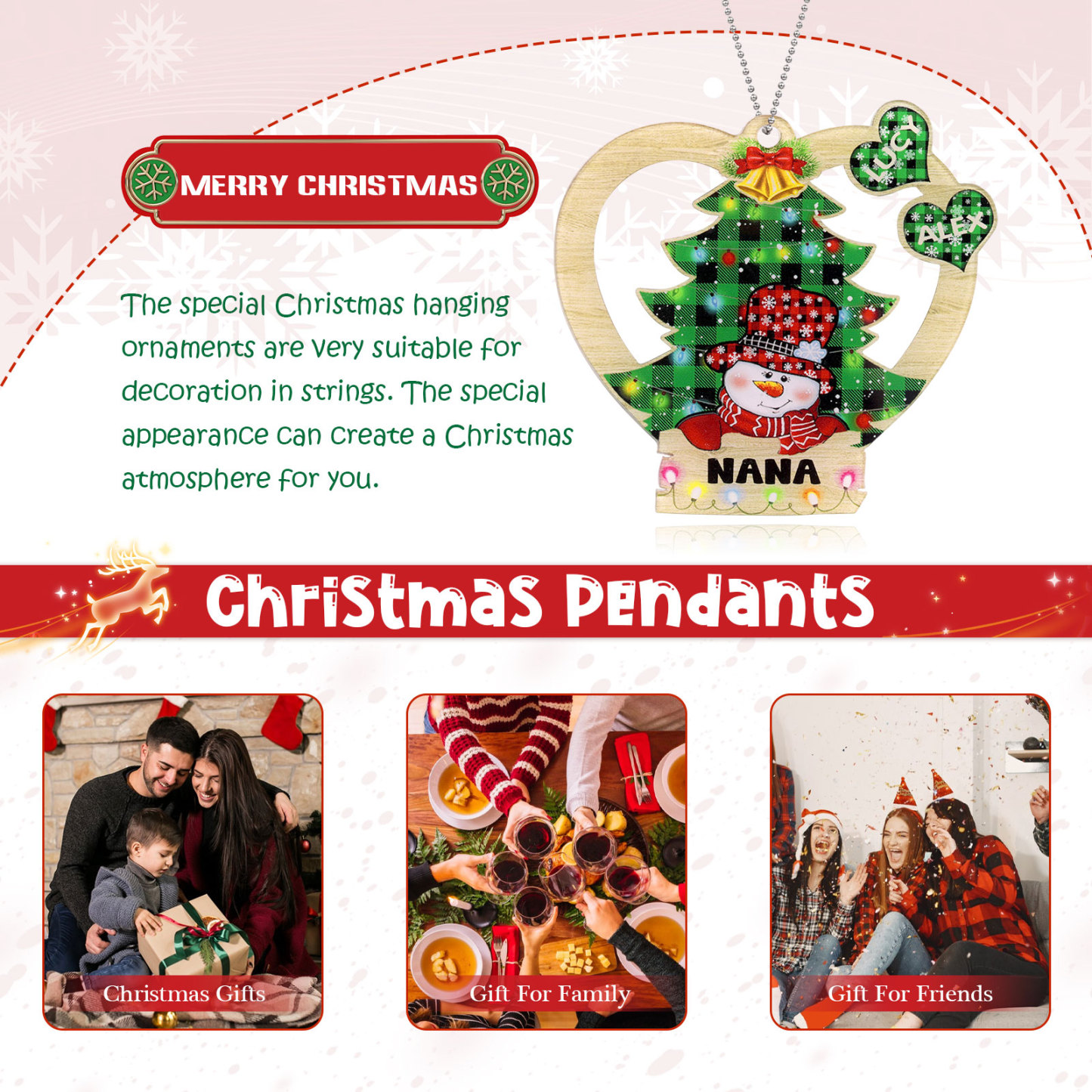 2 Names - Personalised Heart Christmas Tree Ornament Customised Name & Text Acrylic Snowman Hanging Ornaments Gift for Family-Jessemade AU