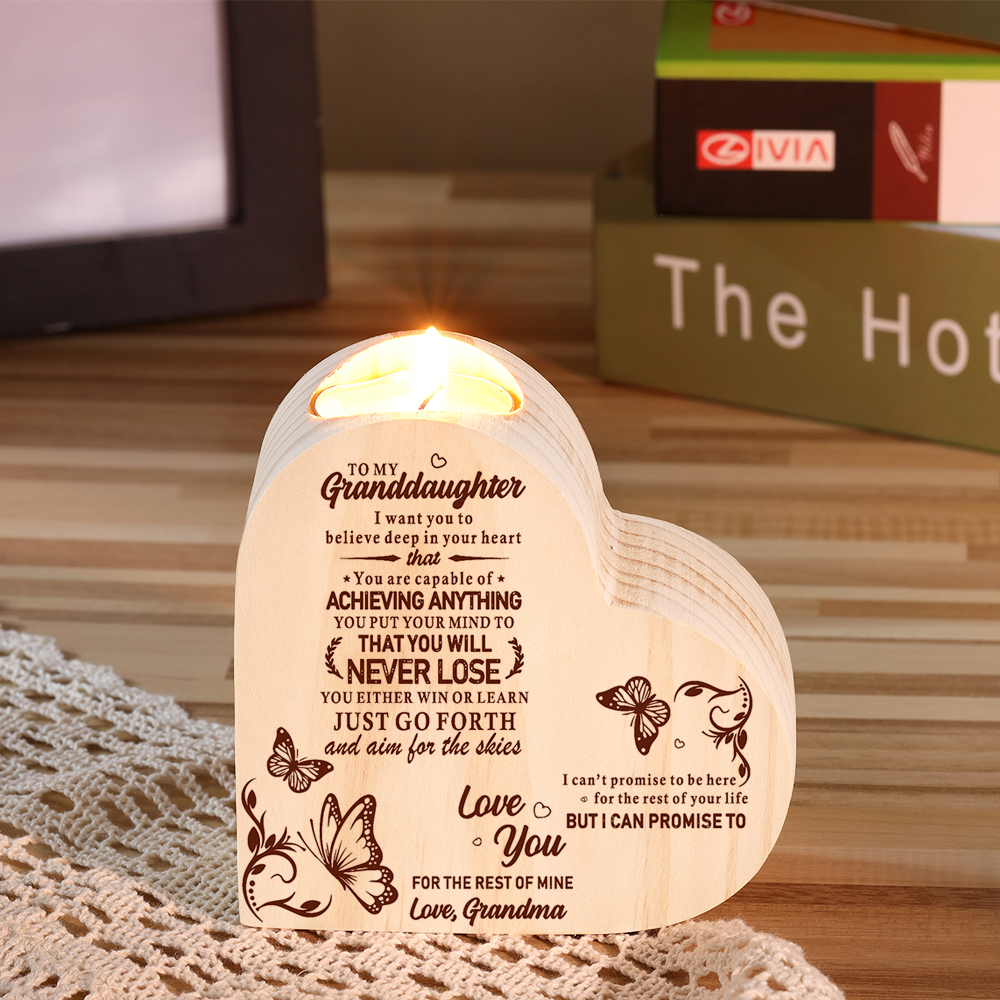 To My Granddaughter Wooden Heart Candle Holder "believe deep in your heart"-Jessemade AU