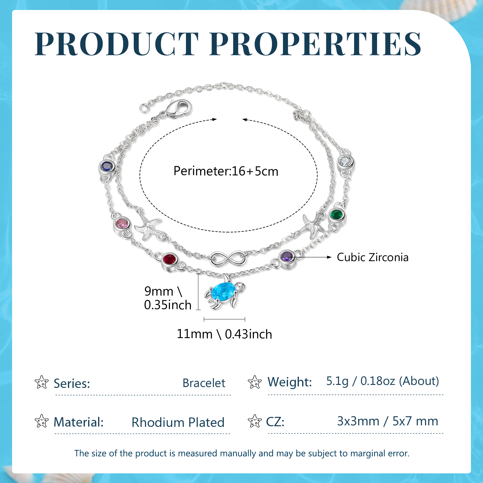 Personalised Women's Bracelet Custom 5 Birthstones Bracelet Sea Turtle Adjustable Bracelet Birthday Gift for Her-Jessemade AU