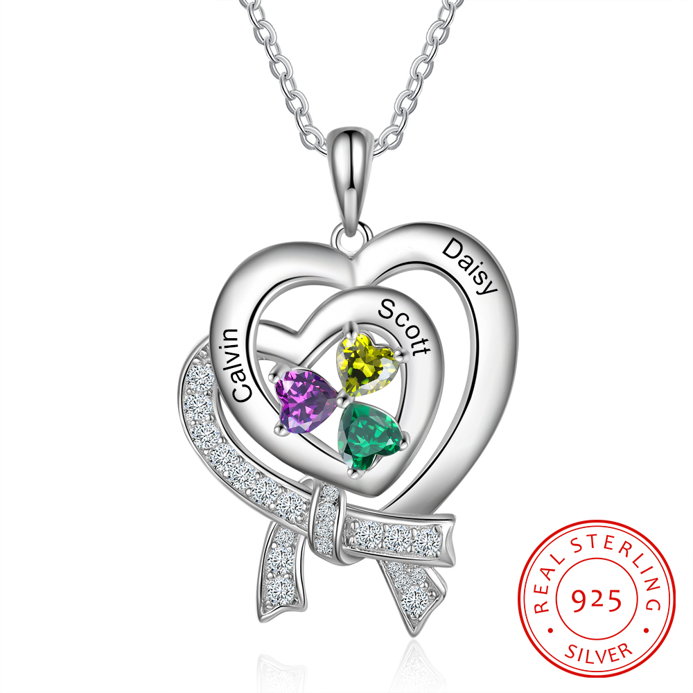 Personalised Heart Necklace With 3 Birthstones Custom Names Best Gift For Women-Jessemade AU