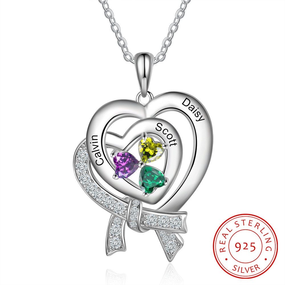 Personalised Heart Necklace With 3 Birthstones Custom Names Best Gift For Women-Jessemade AU