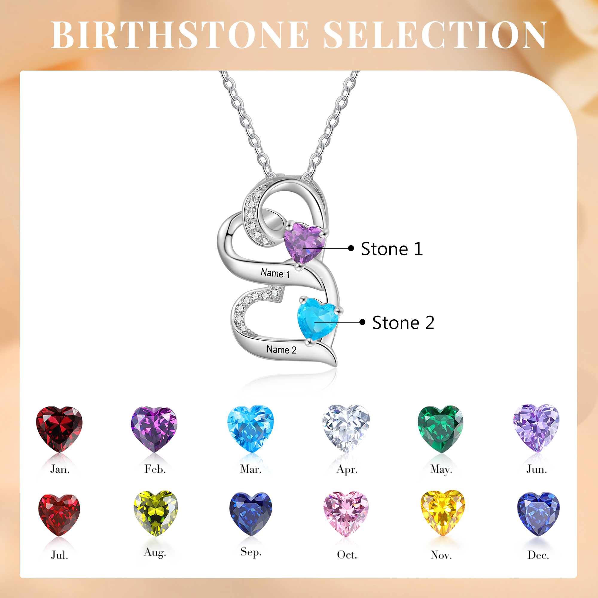 Personalised S925 Silver Double Heart Necklace Custom 2 Birthstones and Names Gift for Her