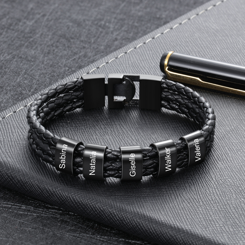 Personalised Braided Leather Bracelet Engraved 6 Names Men's Bracelet Gifts For Him-Jessemade AU