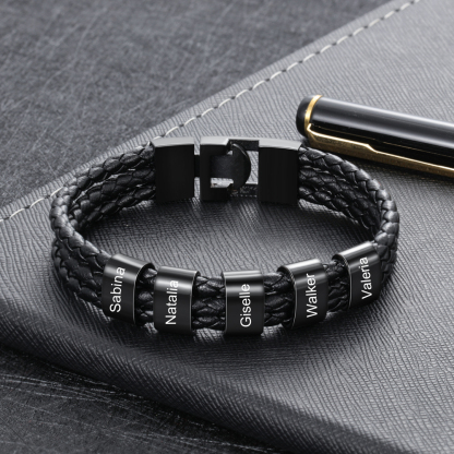 Personalised Braided Leather Bracelet Engraved 5 Names Men's Bracelet Gifts For Him-Jessemade AU