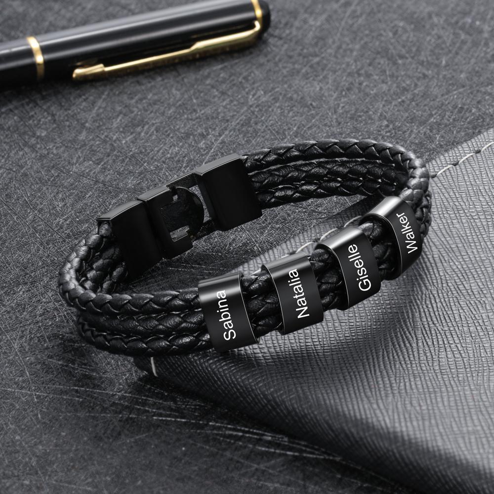 Personalised Braided Leather Bracelet Engraved 5 Names Men's Bracelet Gifts For Him-Jessemade AU